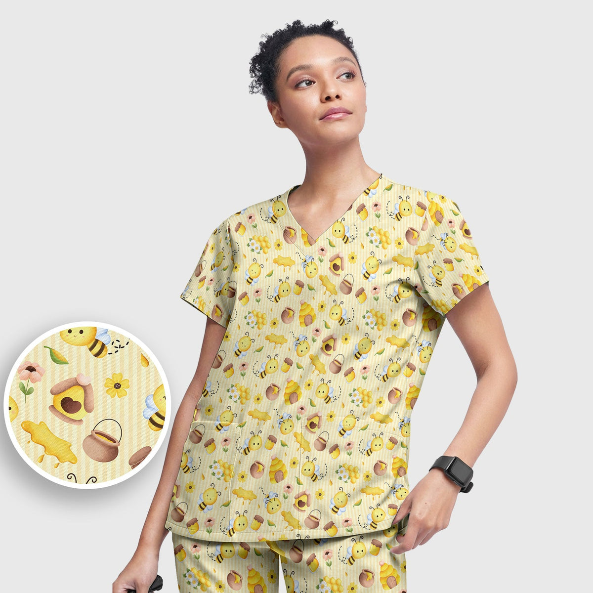 Cute Bee Honey Flower Stripe Nurse Scrub Set