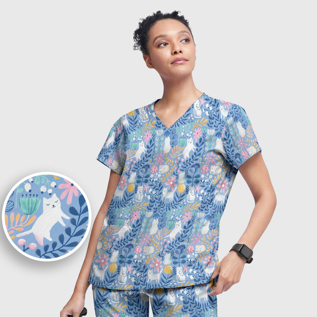 Whimsical Cat Floral Nurse Scrub Set
