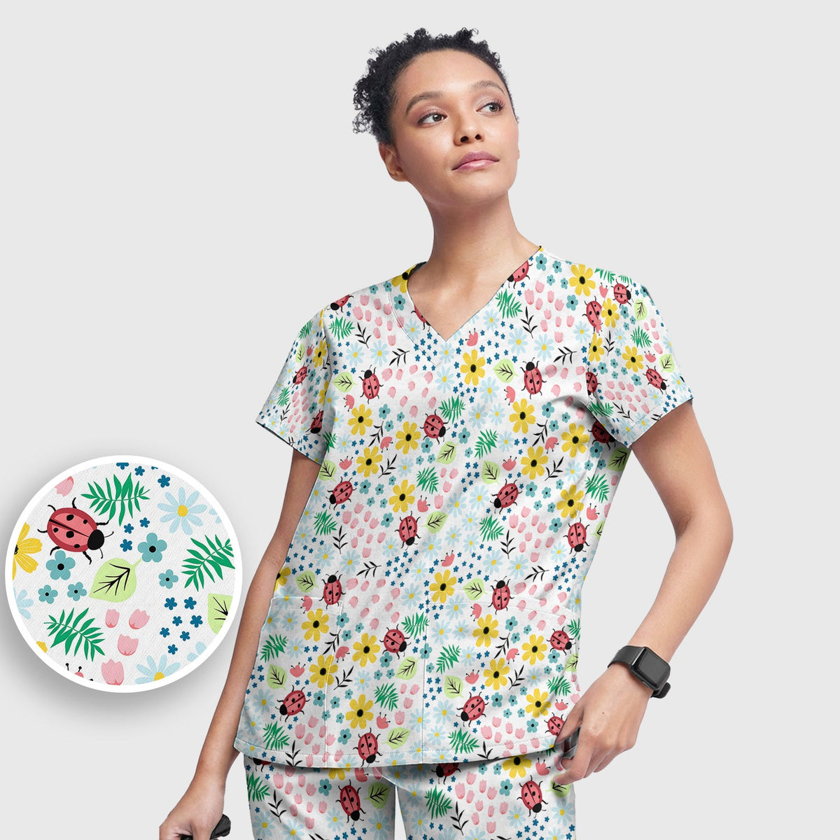 Ladybug Floral Garden Nurse Scrub Set