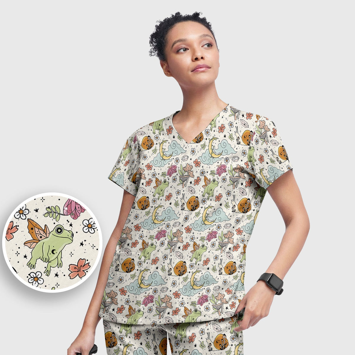 Whimsical Frog Moon Mushroom Nurse Scrub Set
