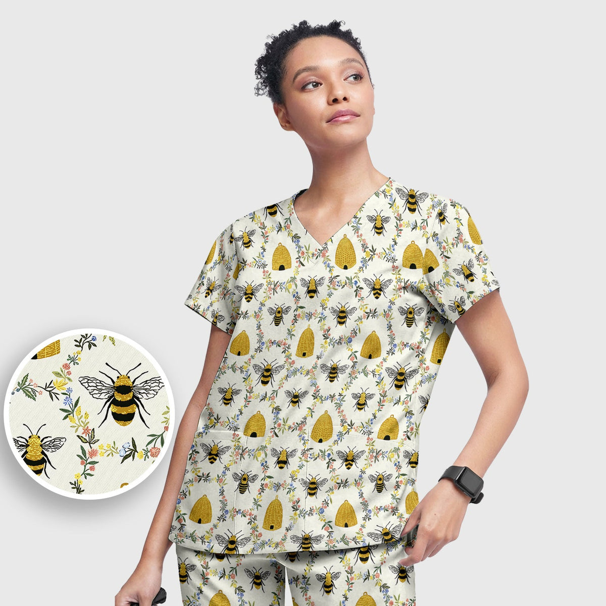 Honey Bee Beehive Floral Nurse Scrub Set