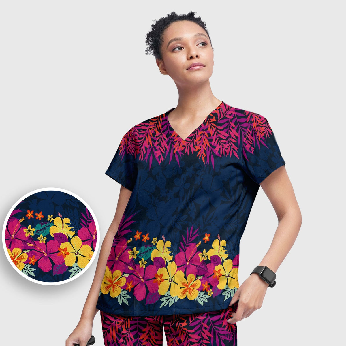 Tropical Hibiscus Palm Leaf Nurse Scrub Set