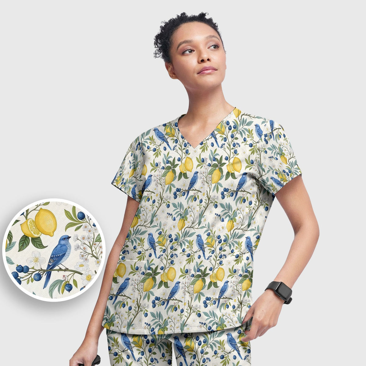 Cute Bluebird Lemon Berry Nurse Scrub Set