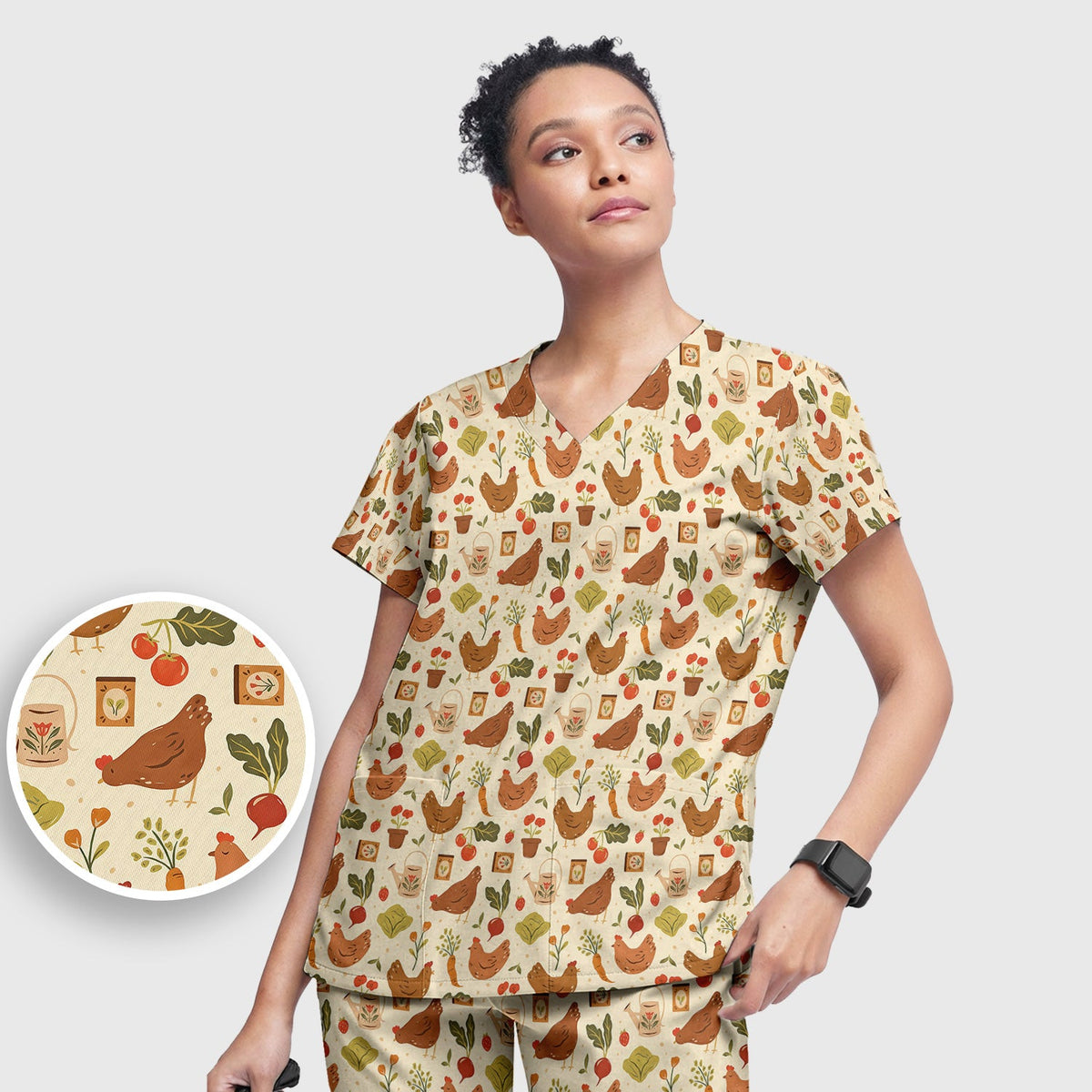 Rustic Farm Chicken Vegetable Nurse Scrub Set