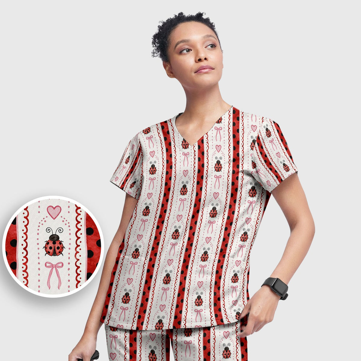 Ladybug Heart Bow Stripe Nurse Scrub Set