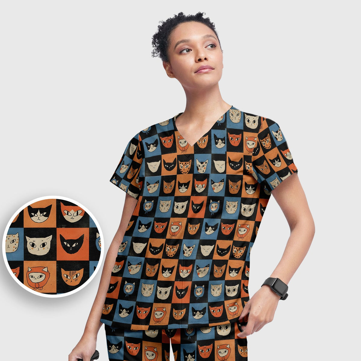 Retro Cat Checkerboard Nurse Scrub Set