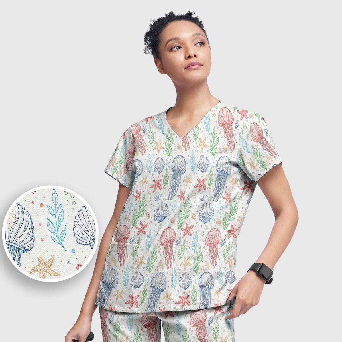 Ocean Jellyfish Starfish Seashell Nurse Scrub Set