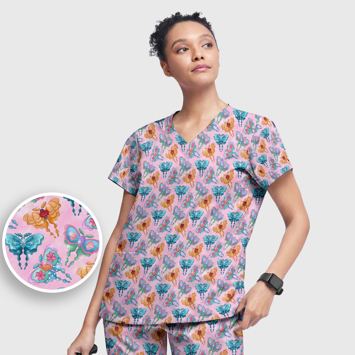 Colorful Butterfly Floral Blossom Nurse Scrub Set