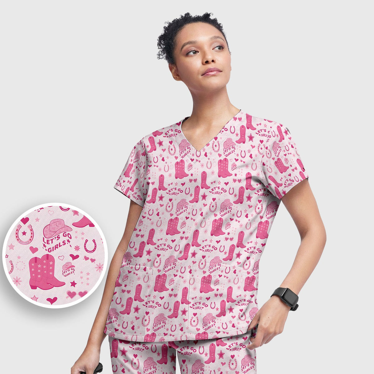 Pink Cowgirl Boots Nurse Scrub Set