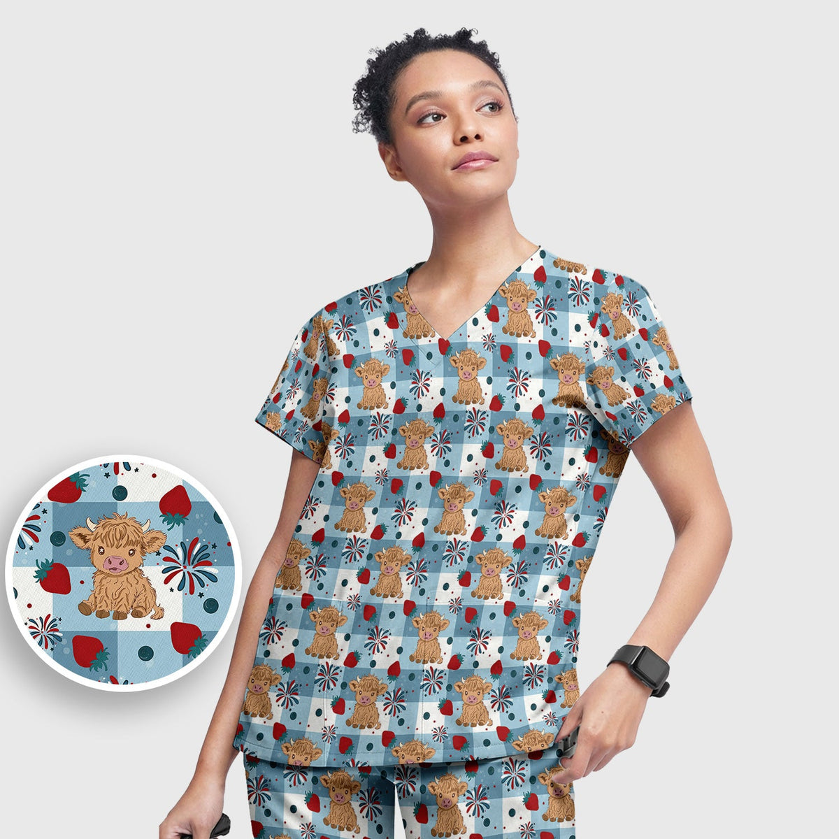 Highland Cow Strawberry Gingham Nurse Scrub Set