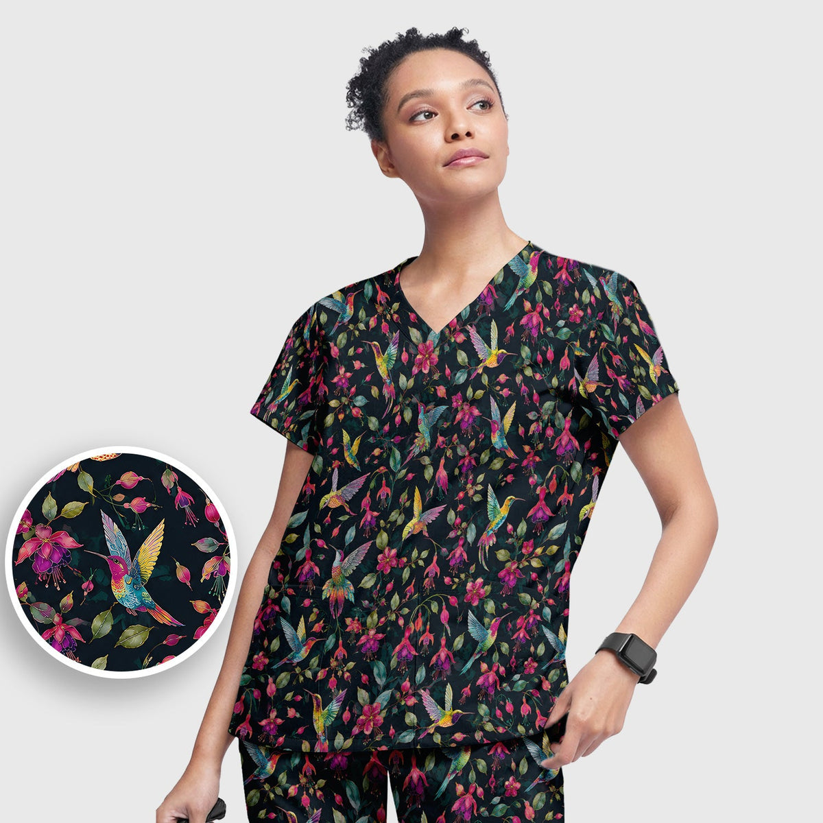 Hummingbird Fuchsia Bloom Nurse Scrub Set