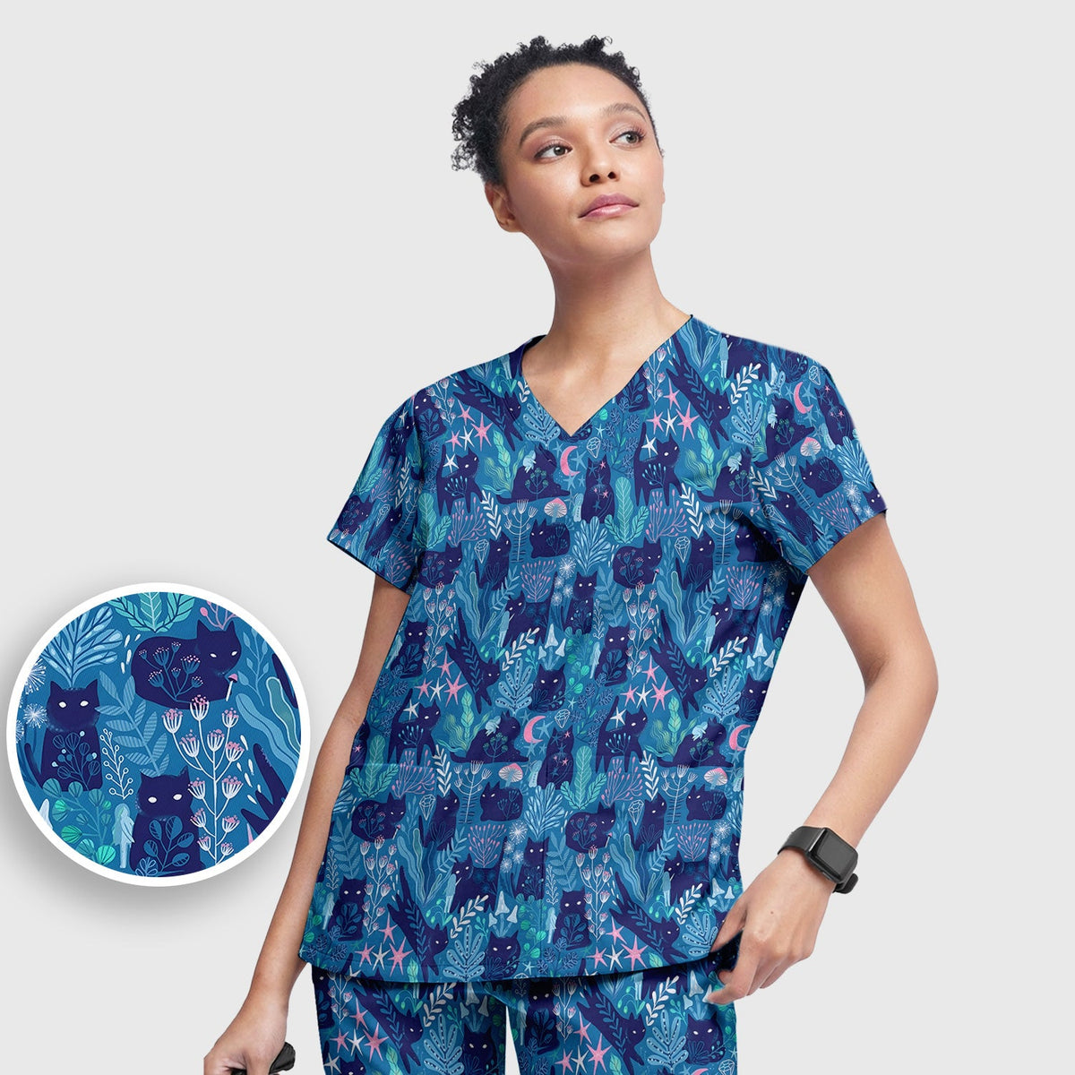 Adorable Celestial Cat Moon Star Nurse Scrub Set
