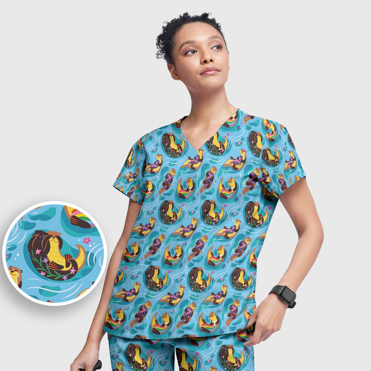 Otter Floating River Rainbow Nurse Scrub Set