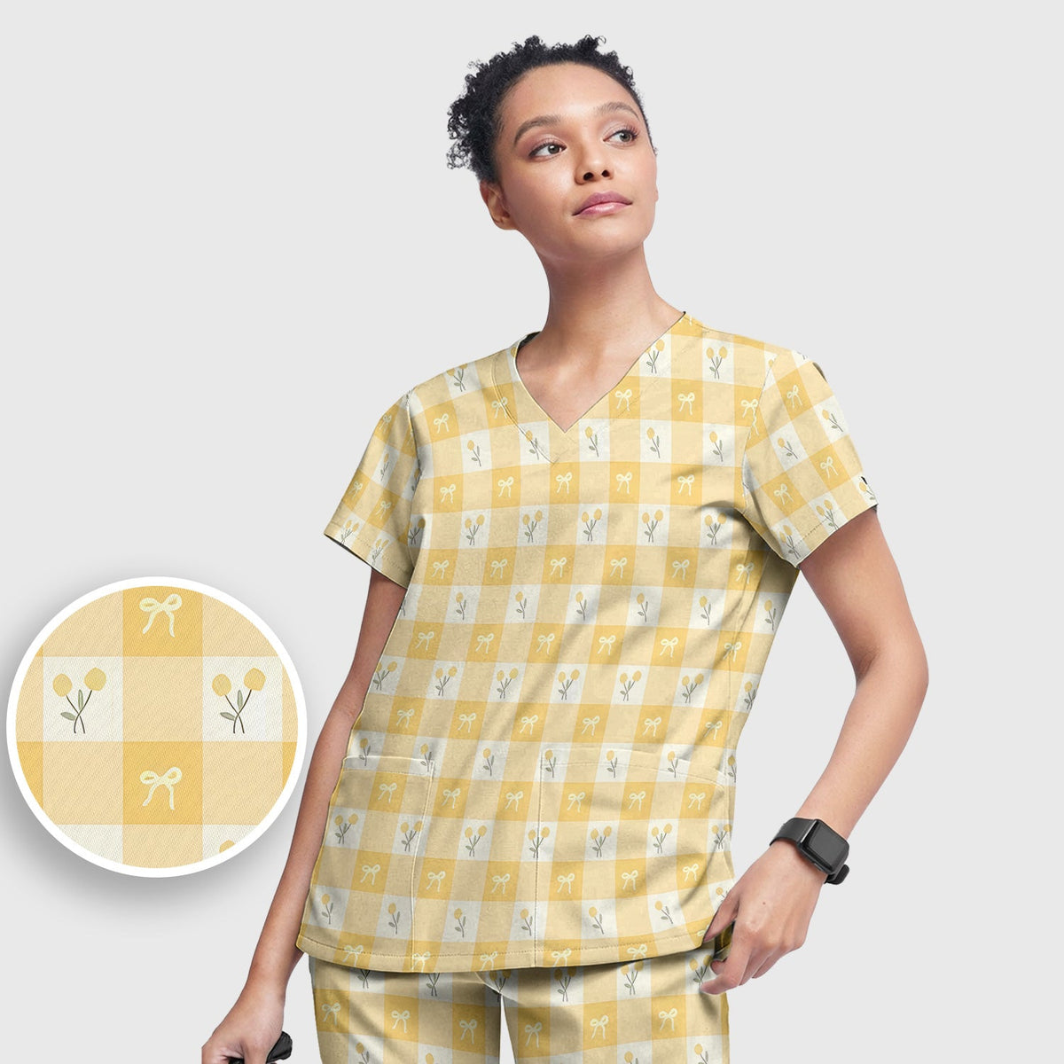 Yellow Gingham Bow Floral Nurse Scrub Set