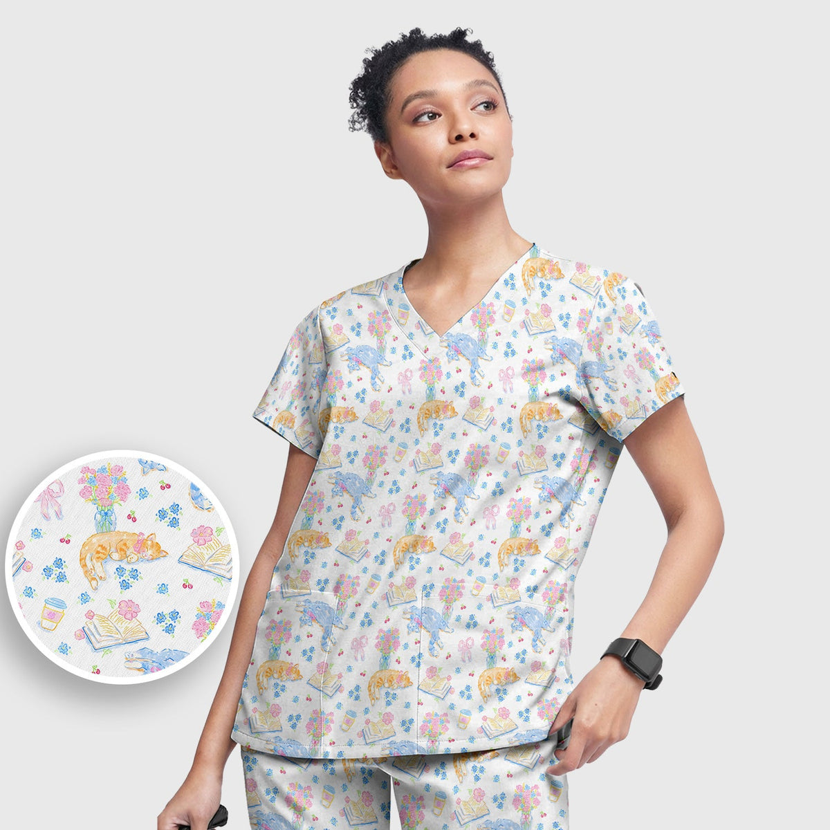 Cats Reading Floral Books Nurse Scrub Set