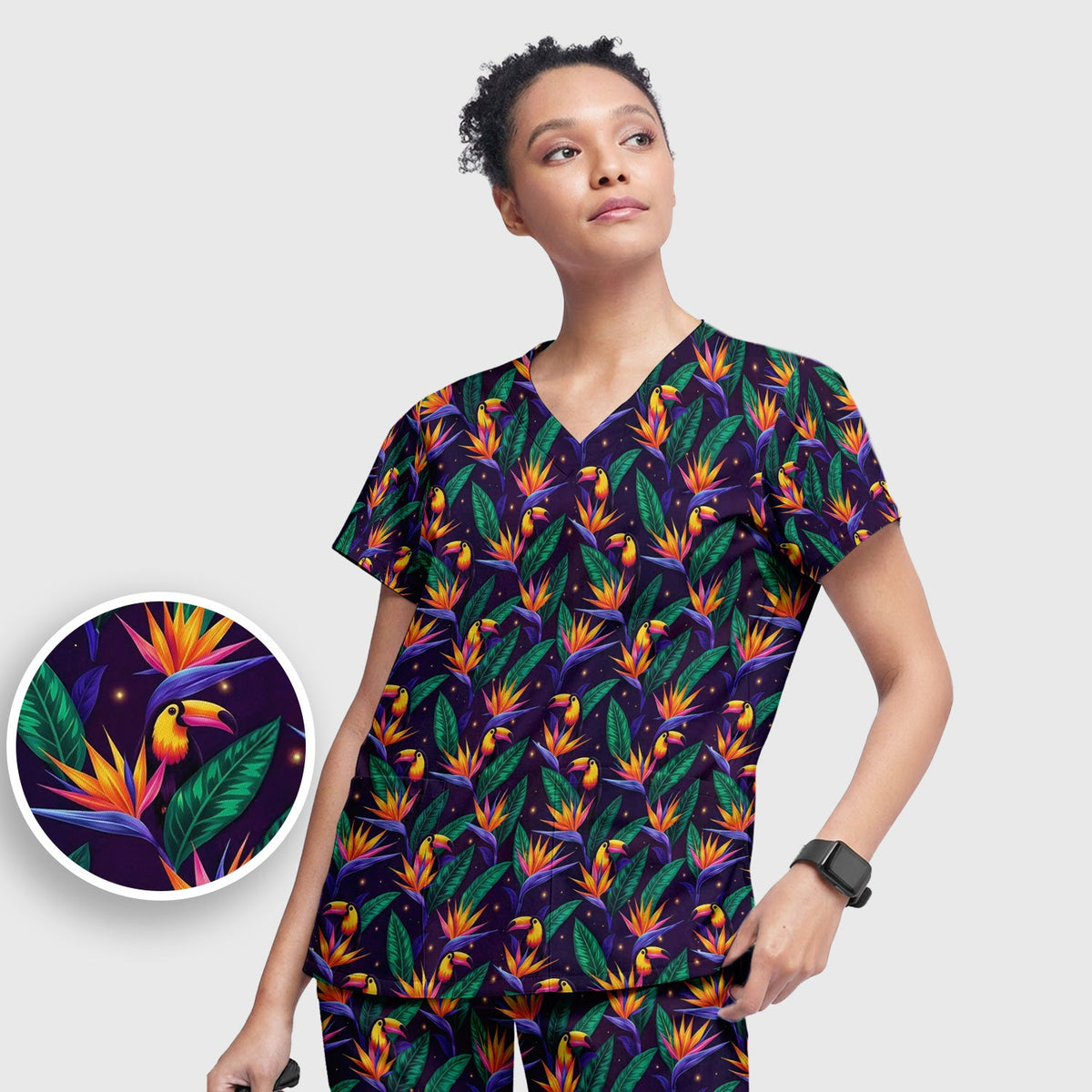 Tropical Toucan Paradise Leaves Nurse Scrub Set