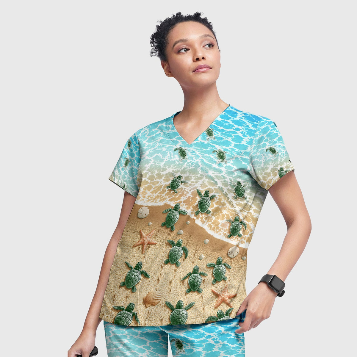 Coastal Sea Turtle Beach Pattern Scrub Set, Scrub Pants and V Neck Top