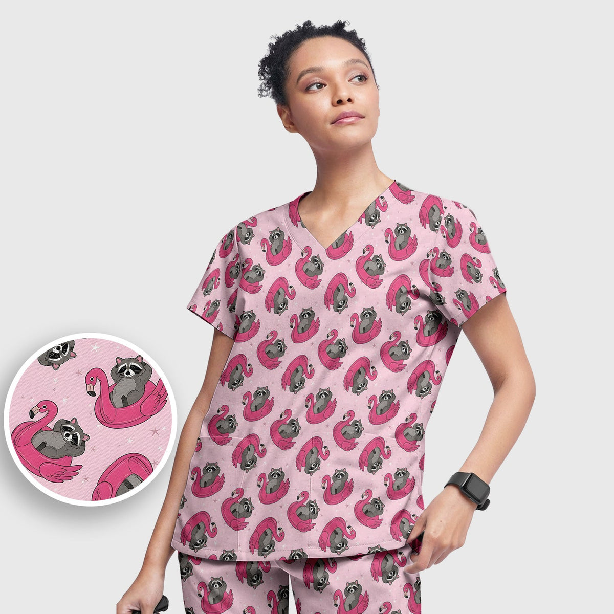Raccoon Flamingo Float Nurse Scrub Set