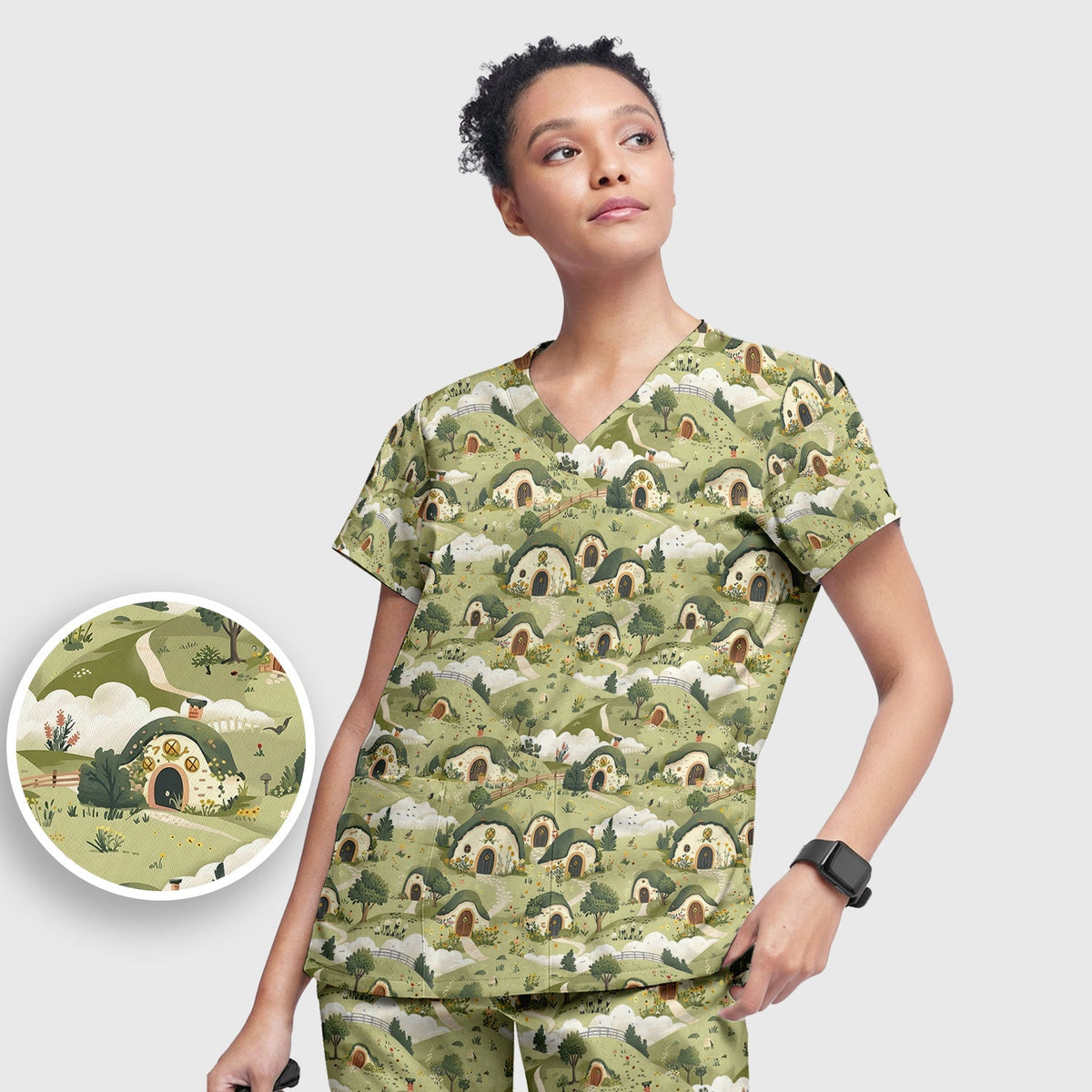 Cozy Hobbit Village Landscape Nurse Scrub Set