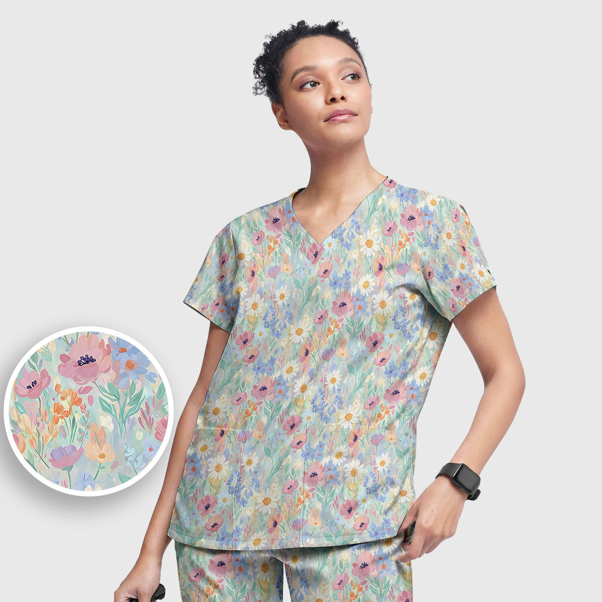 Pastel Wildflower Meadow Floral Nurse Scrub Set