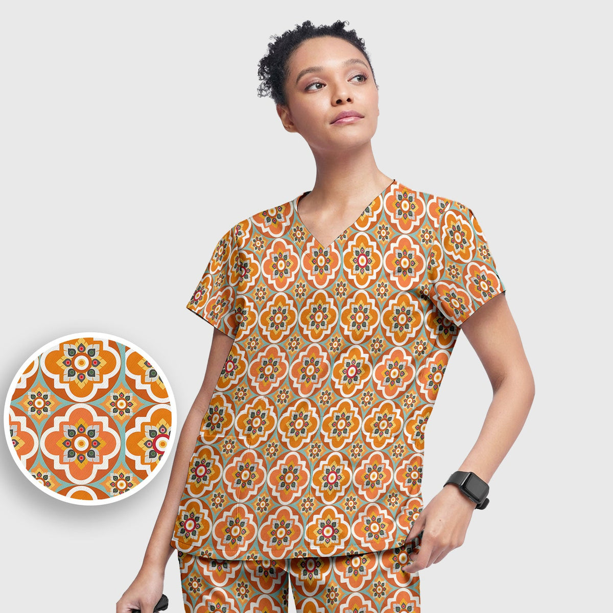Orange Retro Geometric Floral Nurse Scrub Set