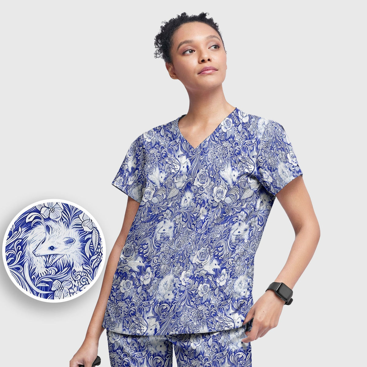 Blue Toile Porcupine Floral Nurse Scrub Set