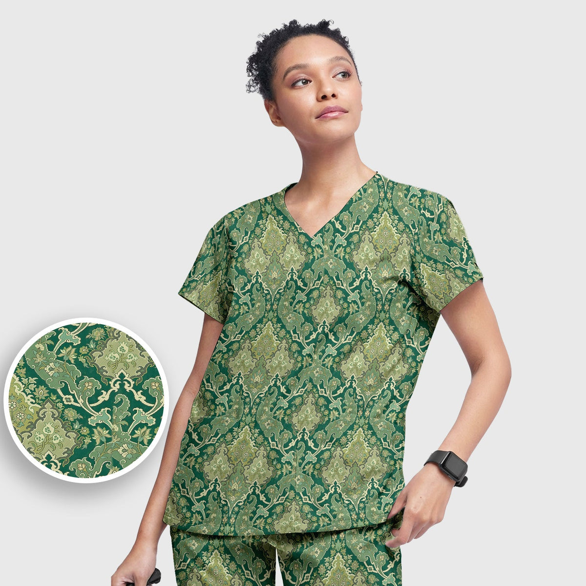 Green Vintage Damask Ornamental Nurse Scrub Set