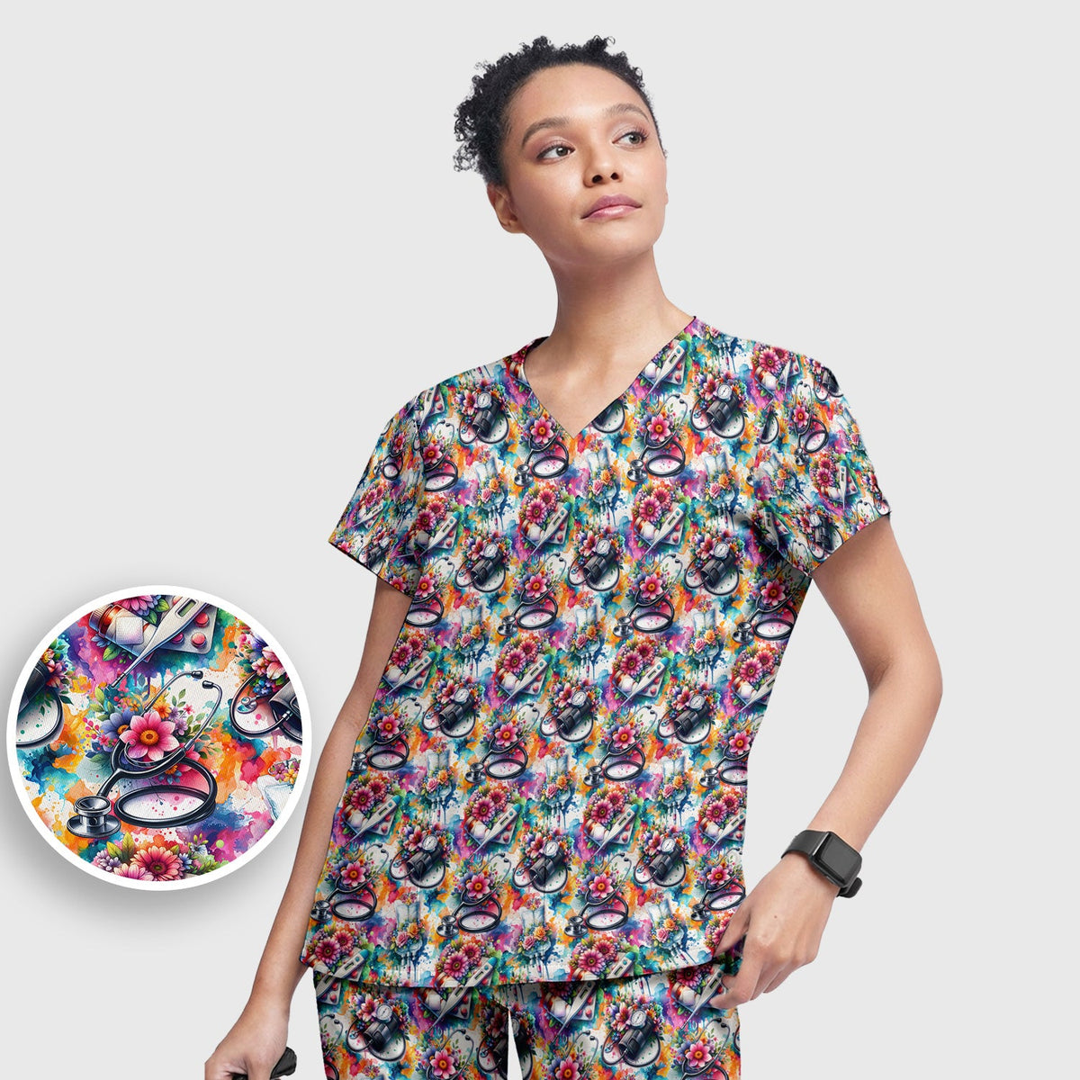 Colorful Medical Tools Floral Nurse Scrub Set