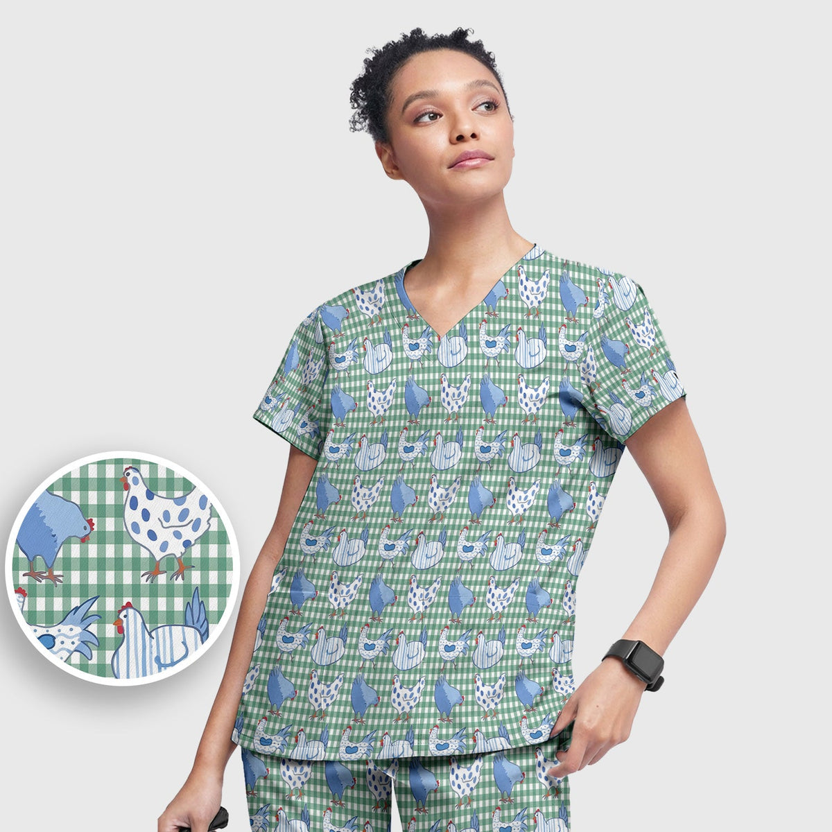 Blue Chicken Gingham Nurse Scrub Set