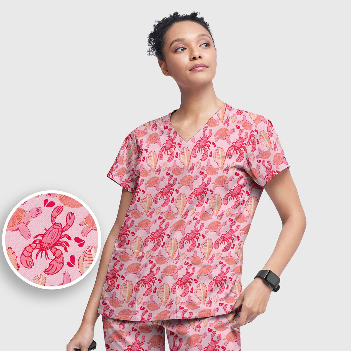 Pink Sea Turtle Lobster Shell Nurse Scrub Set