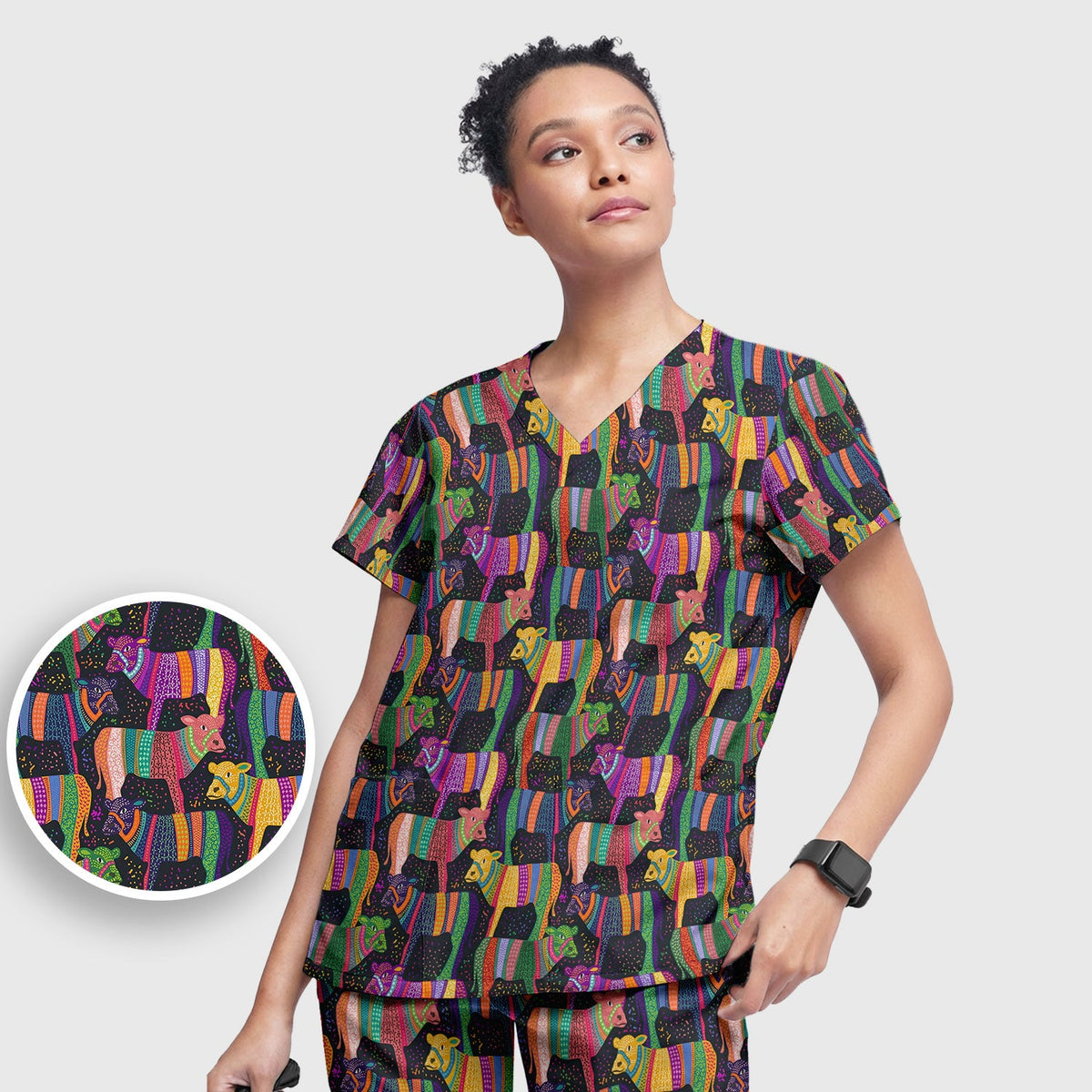 Vibrant Patchwork Rainbow Cow Nurse Scrub Set