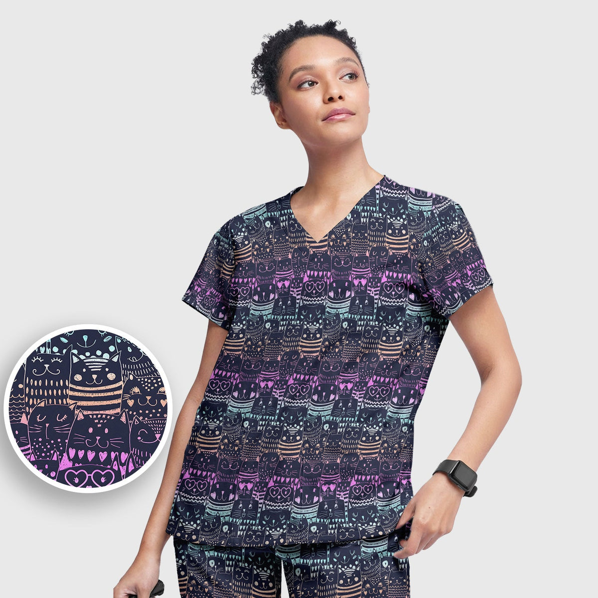Neon Cat Faces Nurse Scrub Set