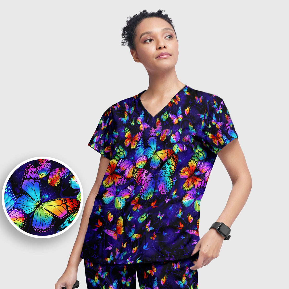Vibrant Rainbow Butterfly Galaxy Nurse Scrub Set