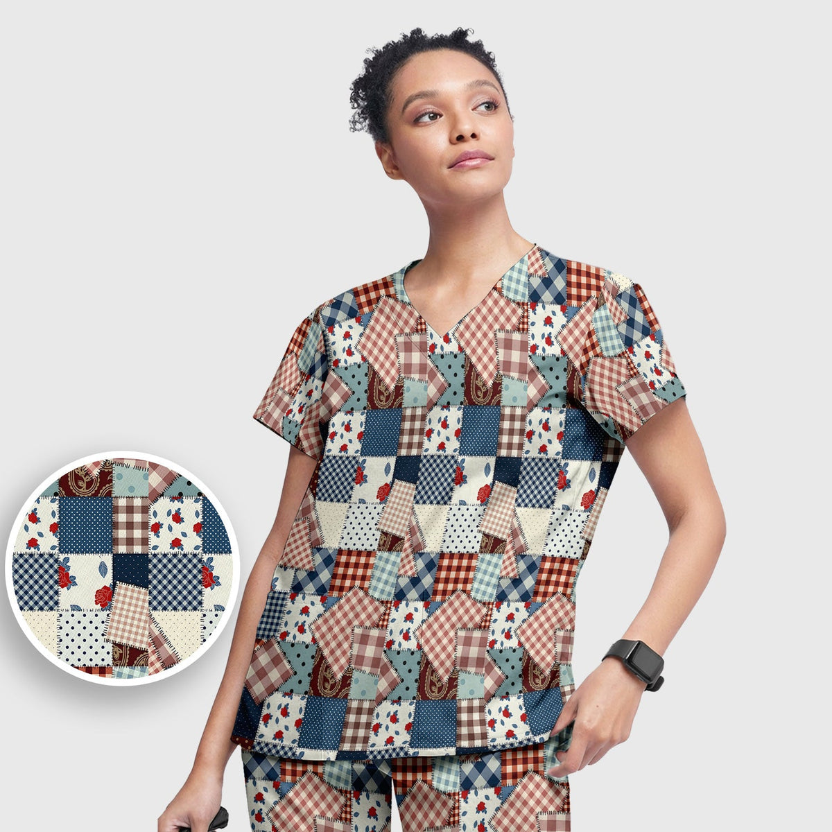 Retro Patchwork Plaid Quilt Nurse Scrub Set