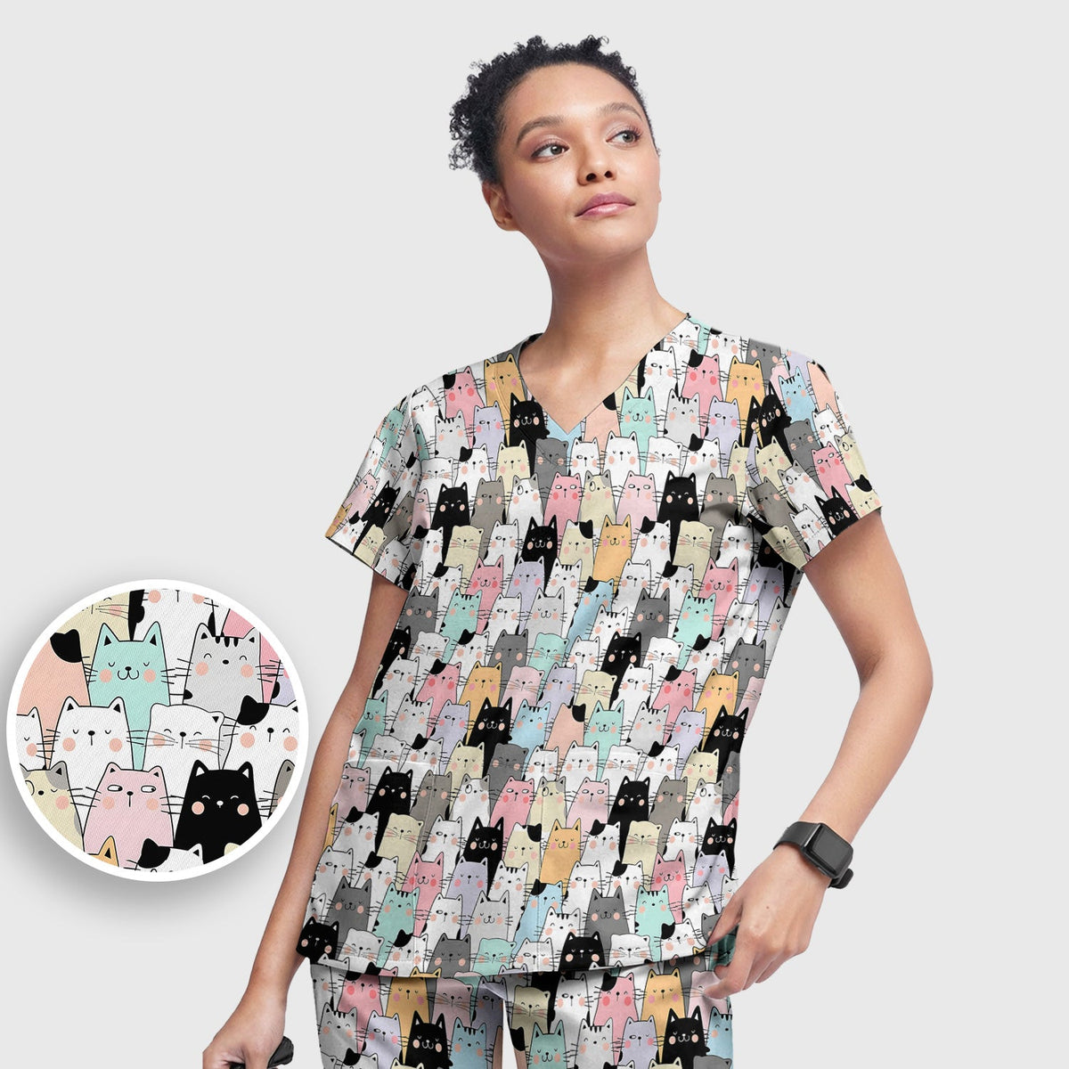 Cartoon Cat Crowd Nurse Scrub Set