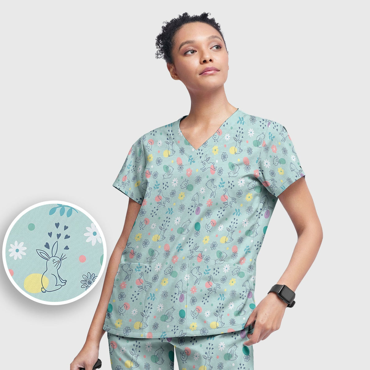 Whimsical Easter Bunny Eggs Nurse Scrub Set