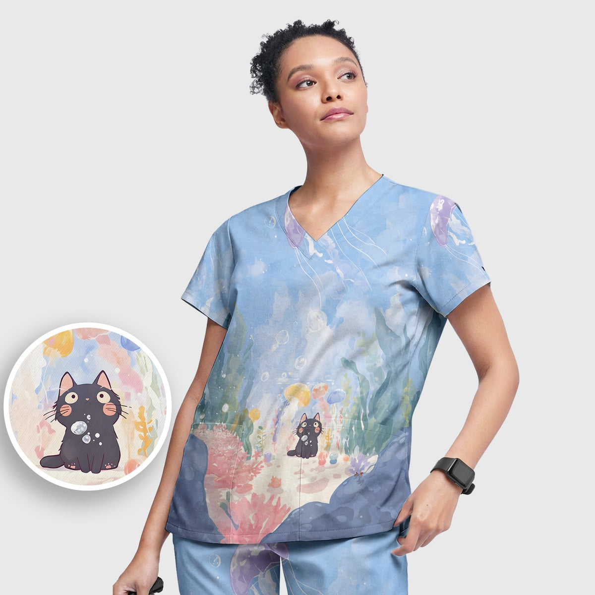 Underwater Black Cat Jellyfish Nurse Scrub Set