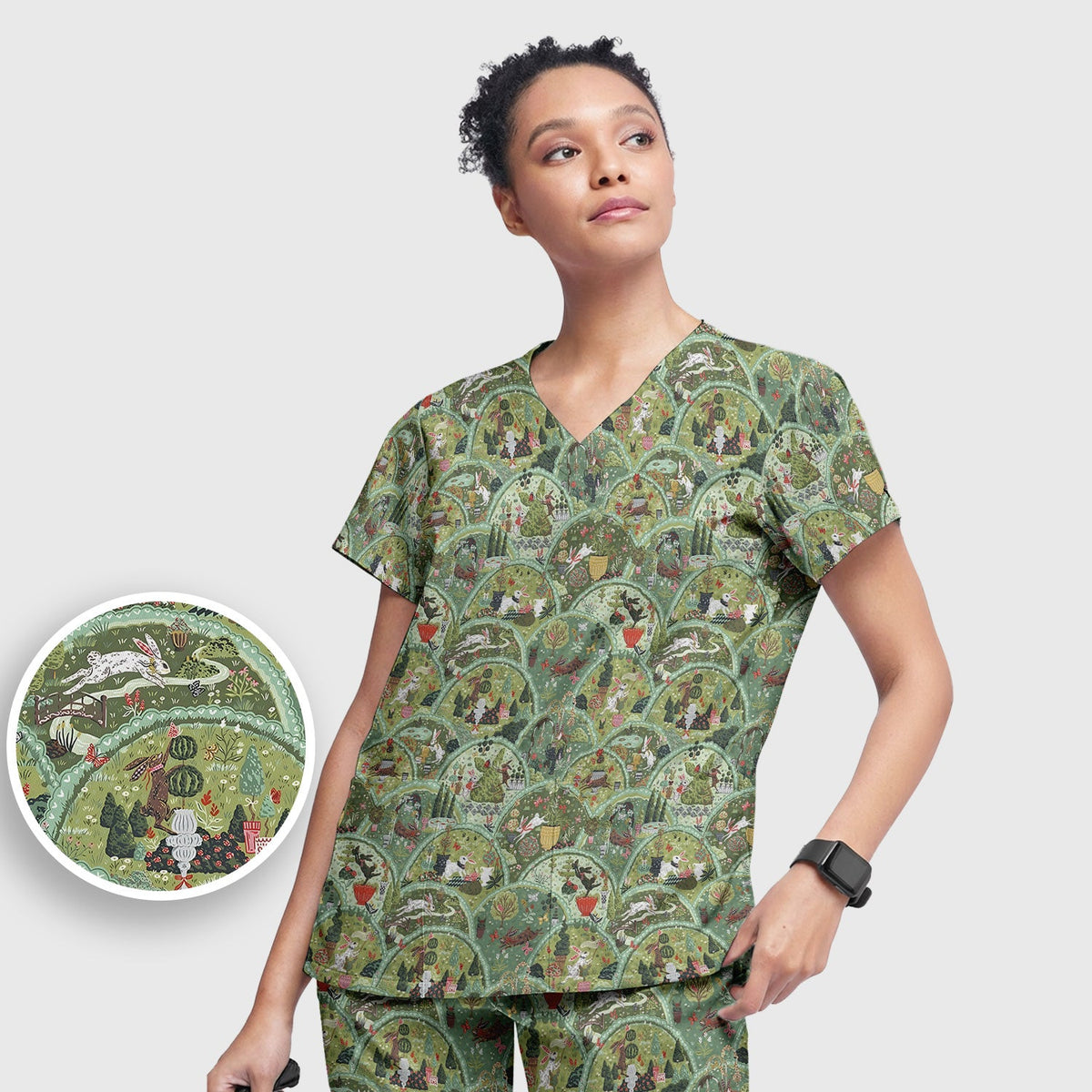 Whimsical Garden Scene Rabbit Nurse Scrub Set