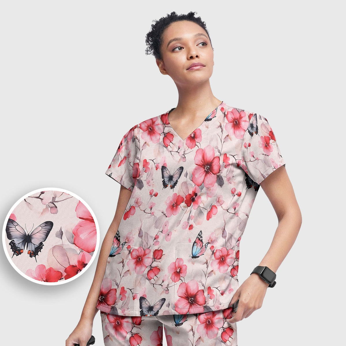Pink Butterfly Blossom Nurse Scrub Set