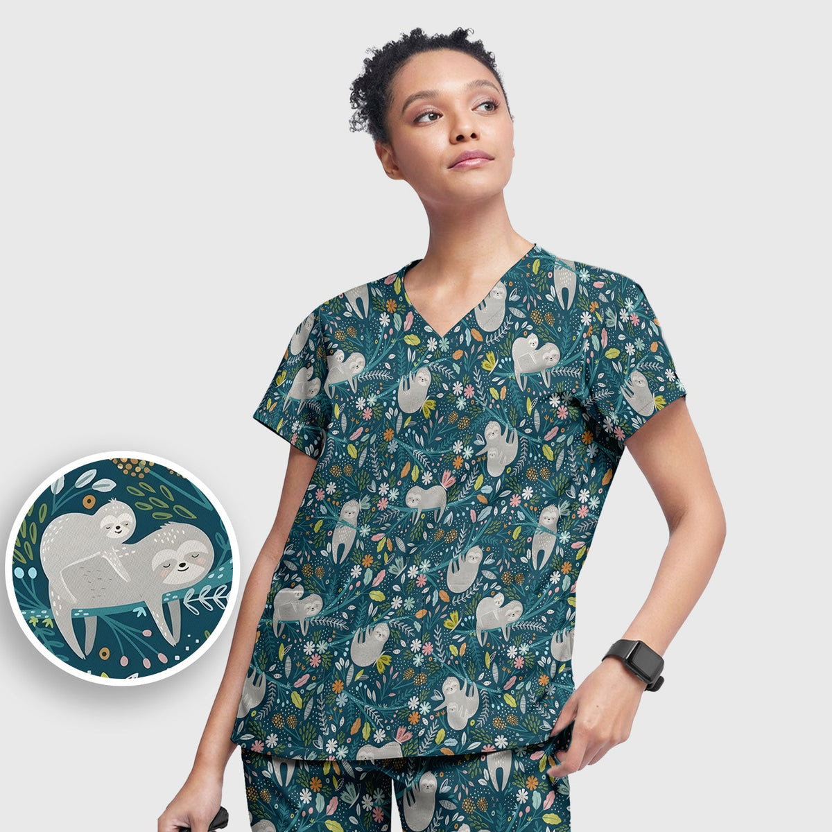 Sloth Jungle Leaf Nurse Scrub Set