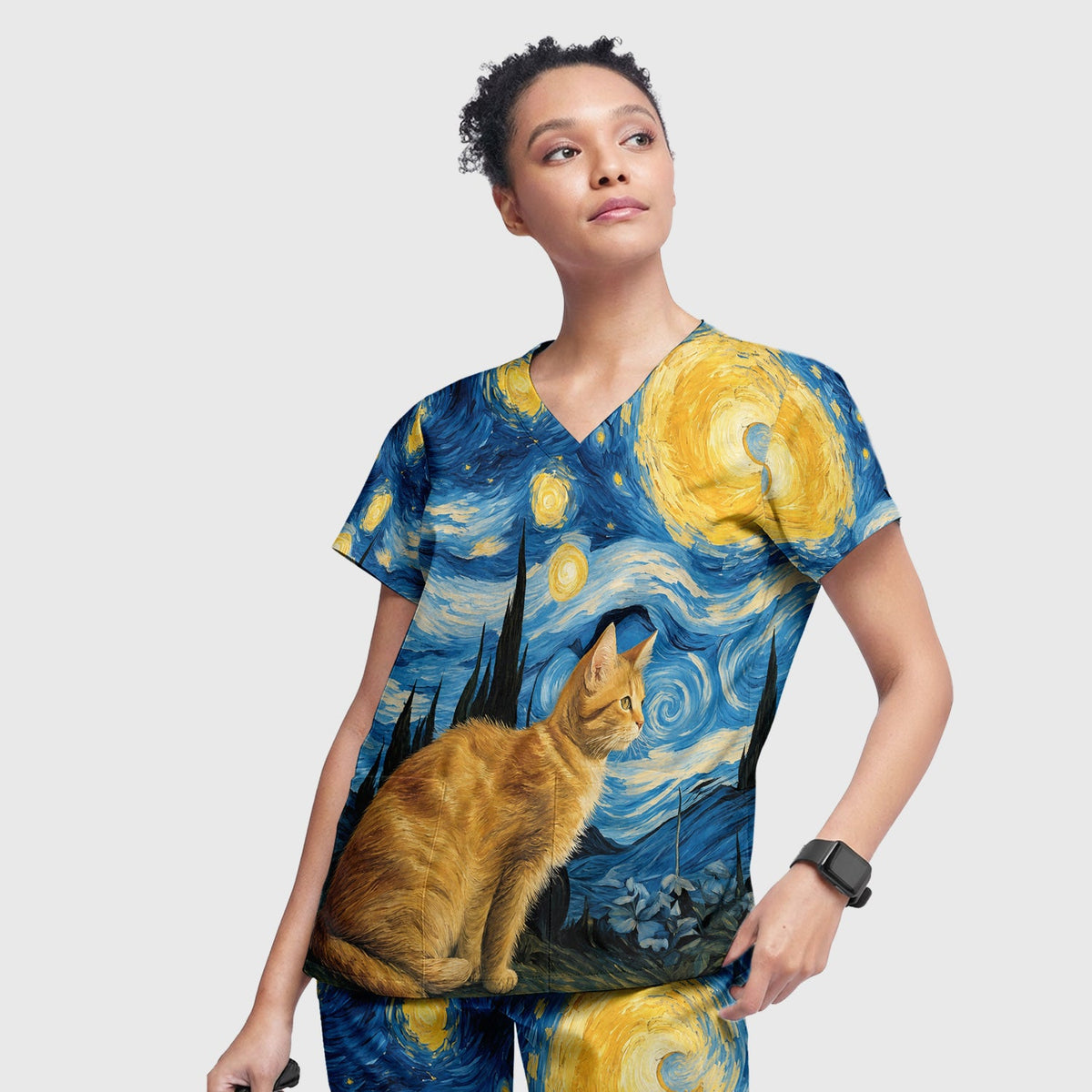 Swirling Moonlit Cat Scene Nurse Scrub Set
