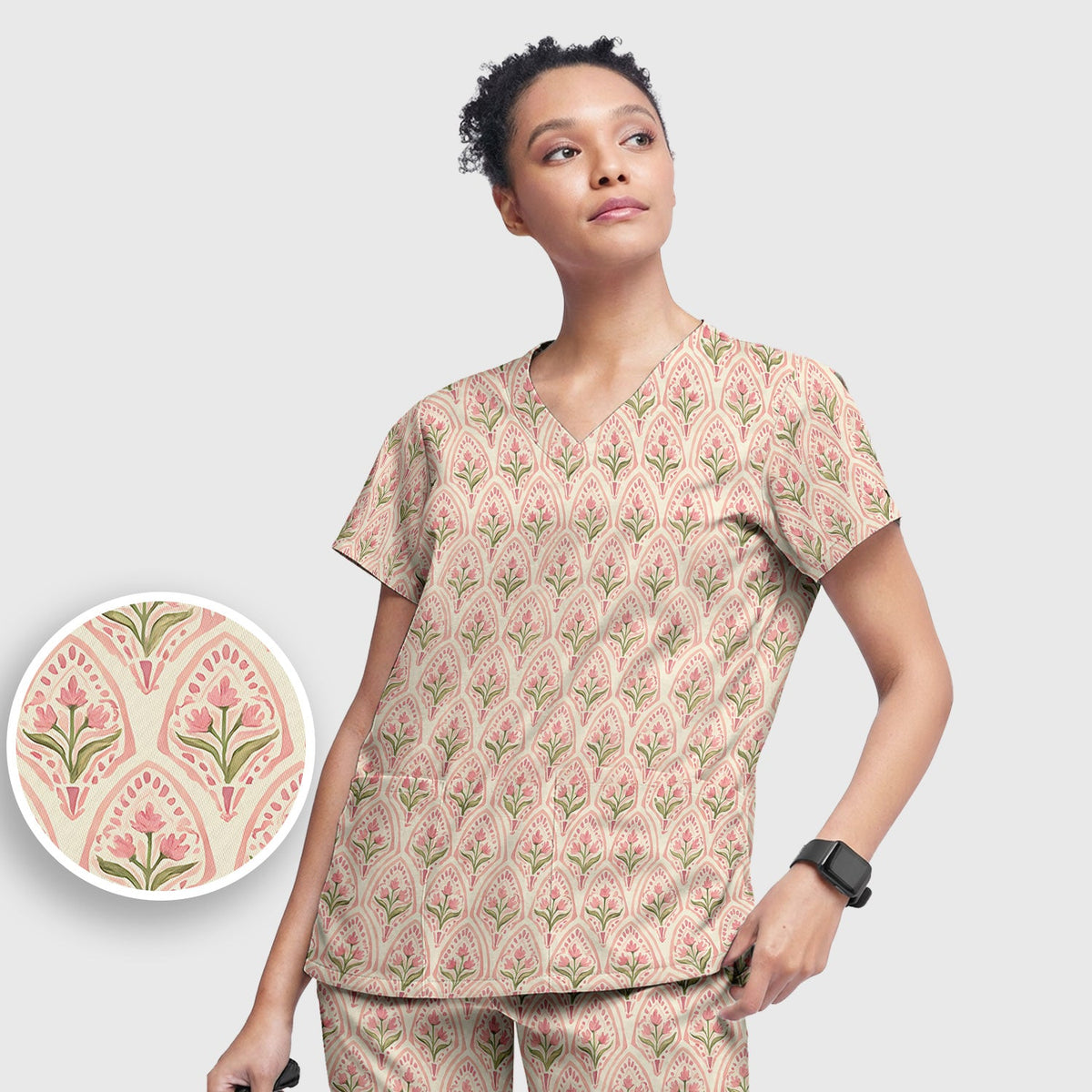 Pink Tulip Floral Arch Nurse Scrub Set