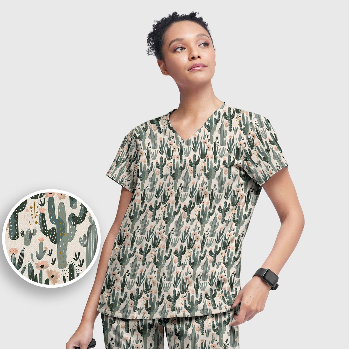 Green Cactus Desert Blossom Nurse Scrub Set