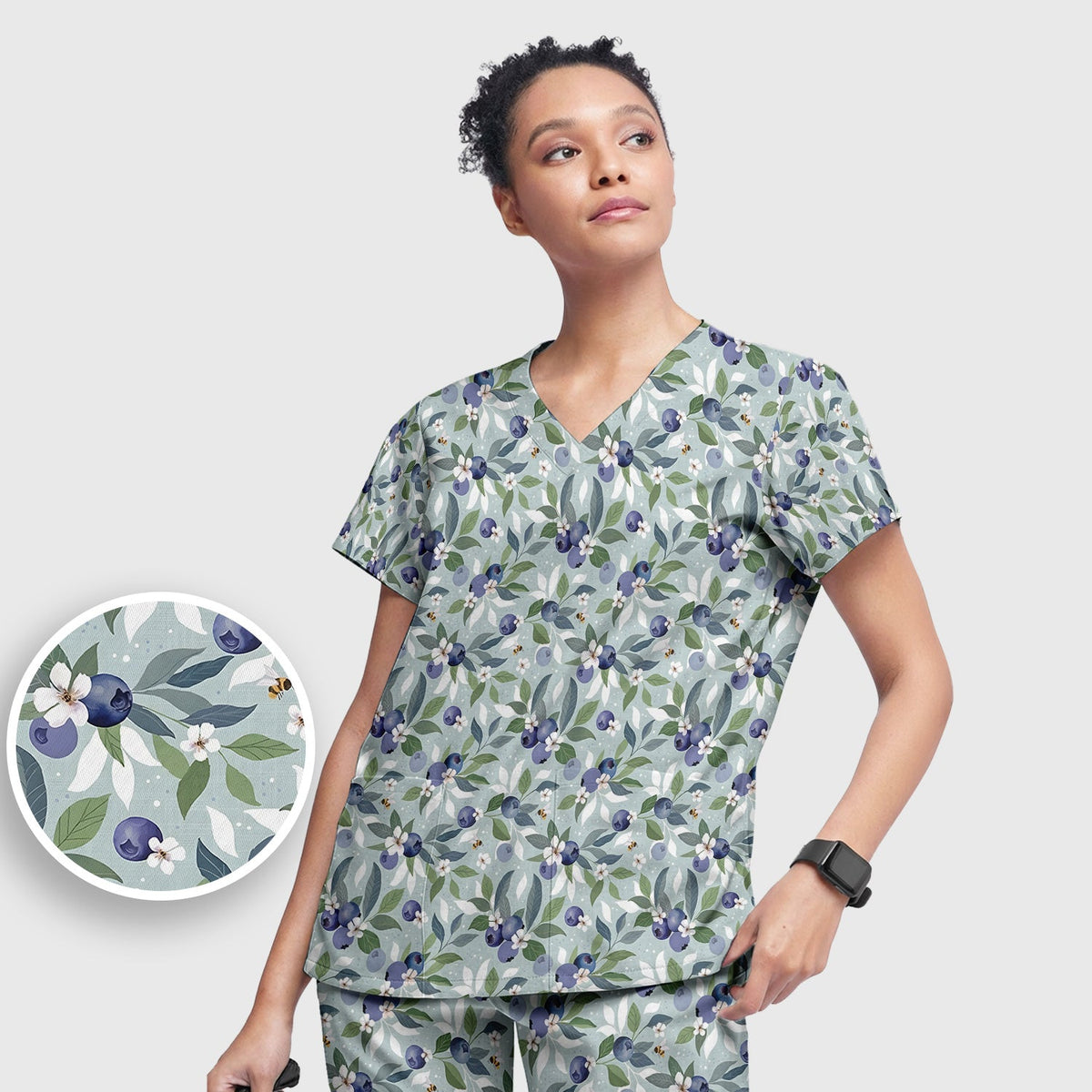 Fresh Blueberry Blossom Garden Nurse Scrub Set