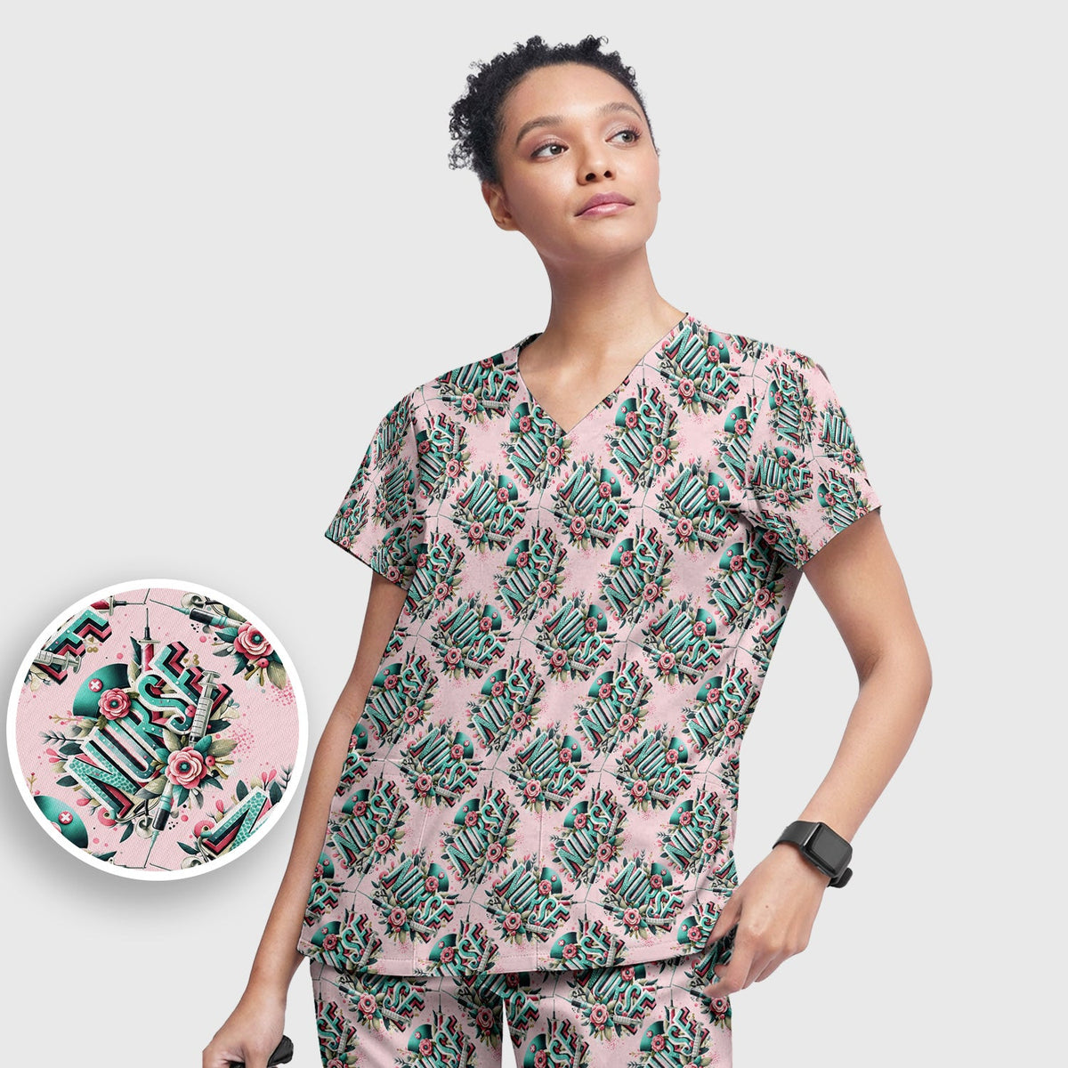 Typography Floral Nurse Scrub Set