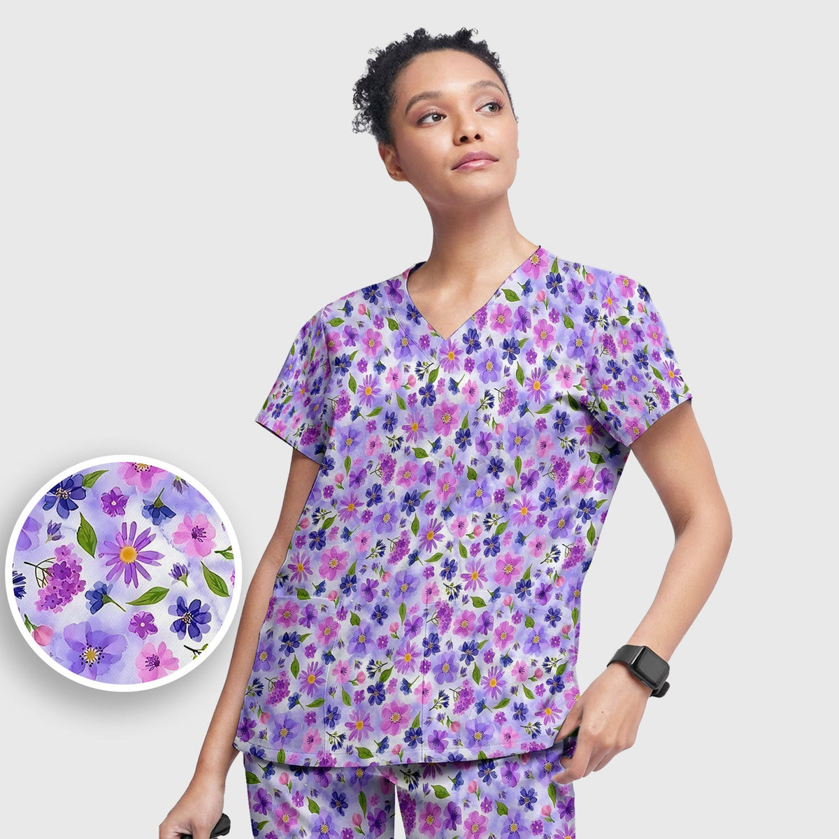 Purple Watercolor Wildflower Bloom Nurse Scrub Set