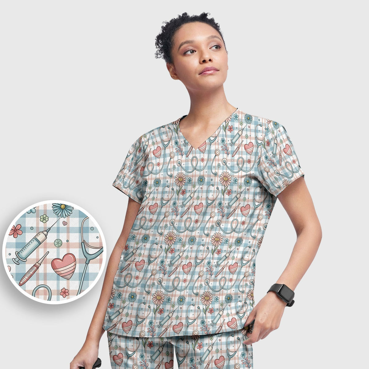 Stethoscope Heart Syringe Floral Plaid Nurse Scrub Set