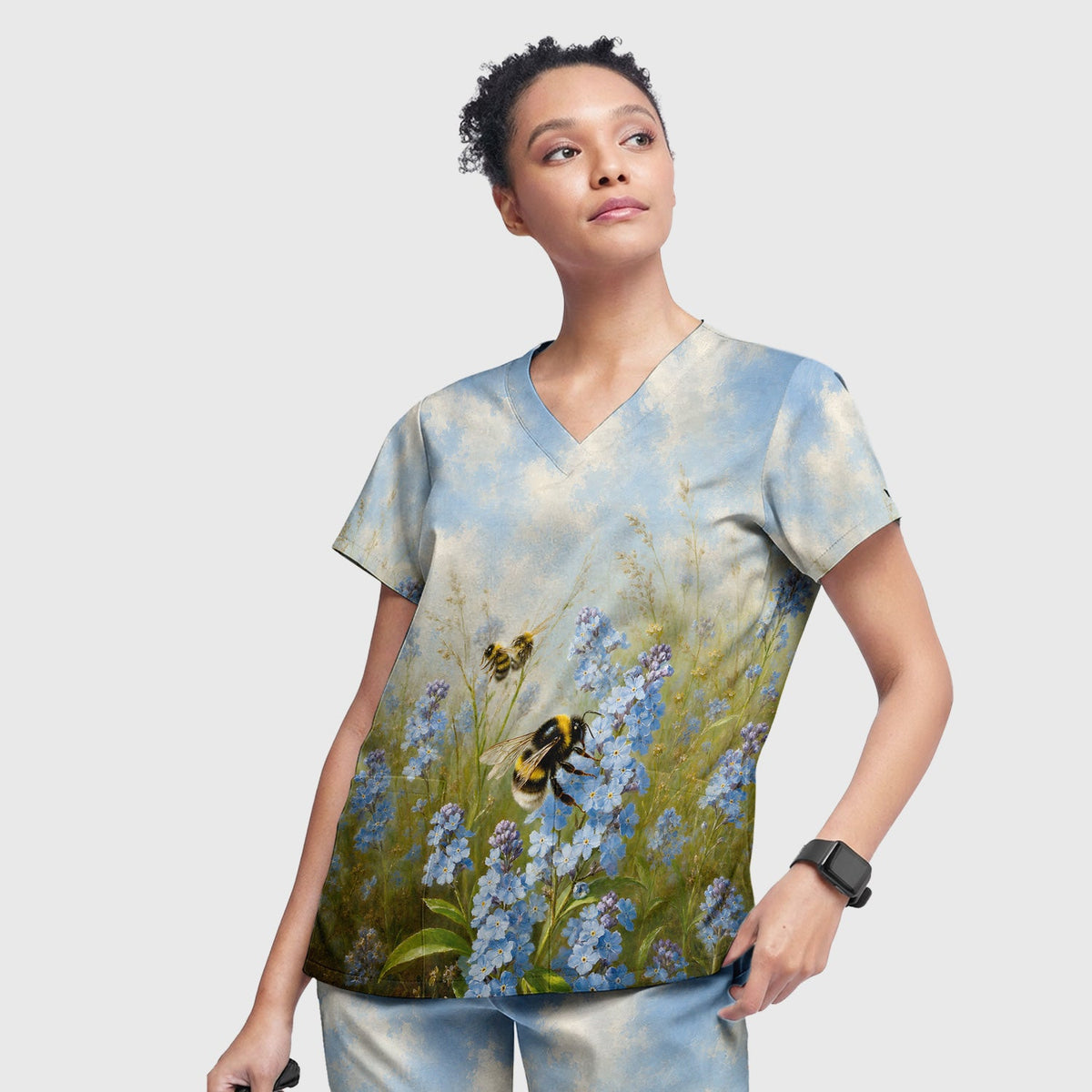 Whimsical Bumblebee Blue Blossom Nurse Scrub Set