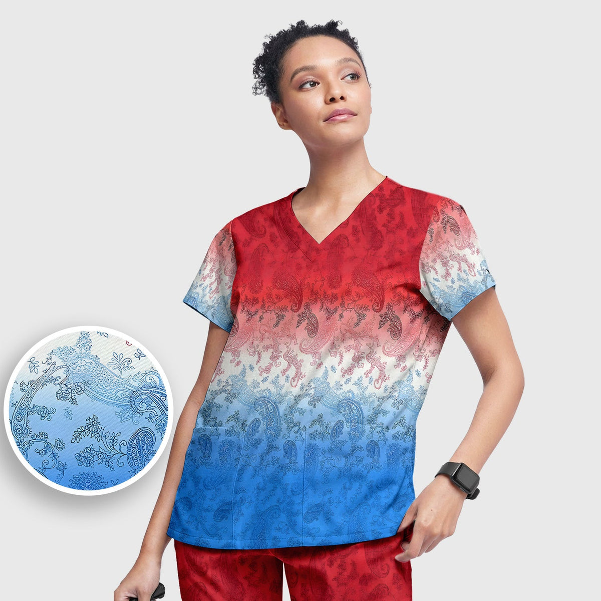 Red Blue Paisley Ombre Nurse Scrub Set