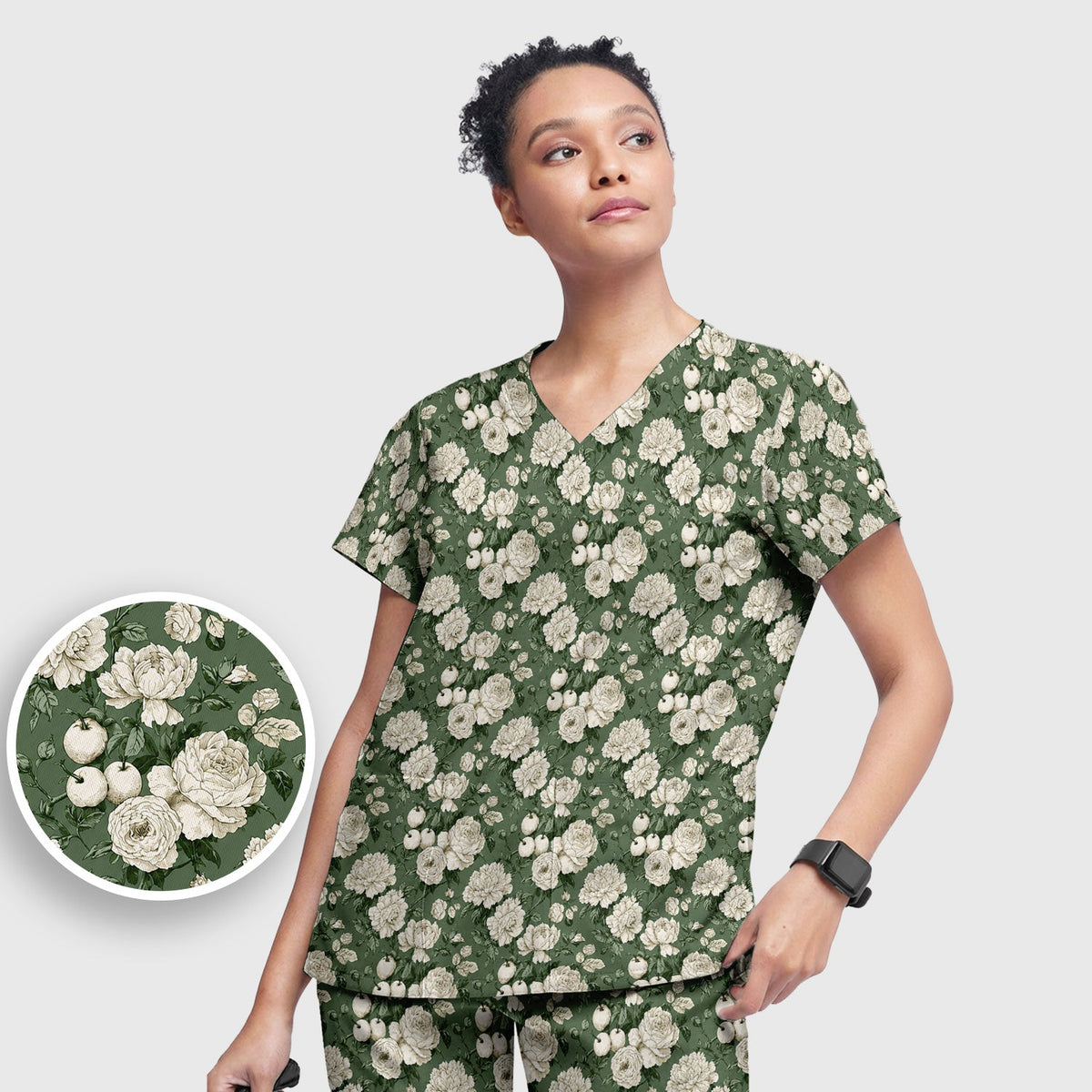 Elegant White Rose Garden Nurse Scrub Set